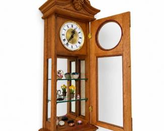 102 VintageWallCurioCabinetClockWithTrinketCollection