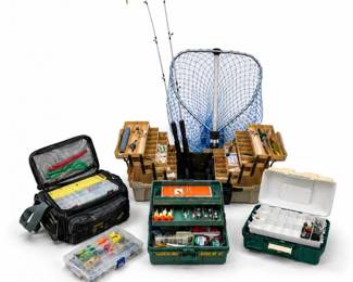 161 VintageMysteryFishingTackleLotRodsReelsLuresNetBoxes