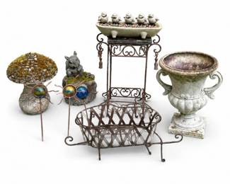 164 VintageGardenDecorLotUrnPlanterBirdBathMetalArt