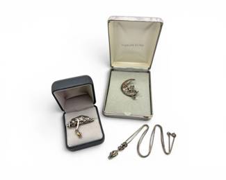 38 SterlingSilverCatPinsMarcasiteMoonBroochNecklace