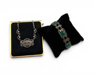 47 1920sArtDecoSterlingMarcasiteNecklaceGreenOnyxStyleBracelet