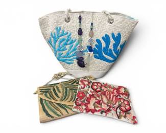 76 NWTChicosCoralRaffiaToteBeachBag2EmbellishedClutches