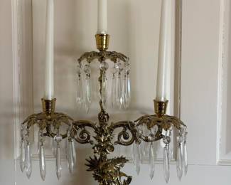 (2) Victorian Brass 17" Girandole Candelabra w/ Prisms