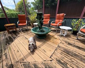 4' angel cherub fountain, carved wood pig, outdoor seating