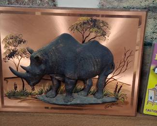 vintage Gastone copper 3D wall art plaque featuring a rhino safari scene.