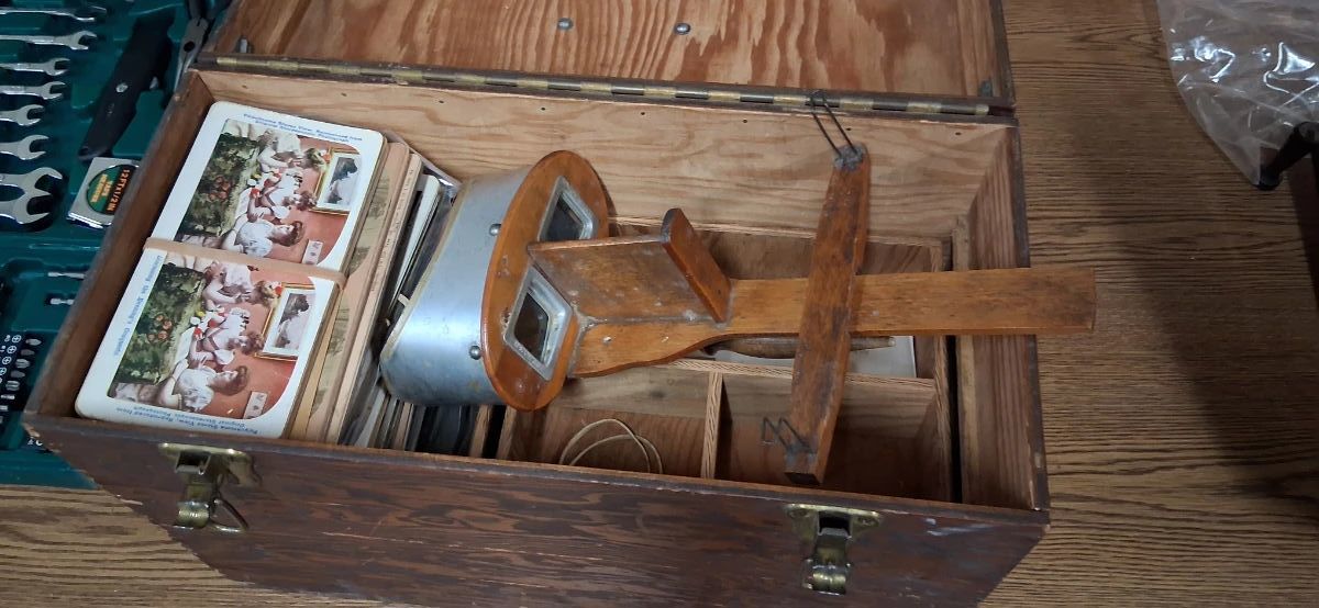 Antique Stereo viewer loaded with antique stereo view cards
