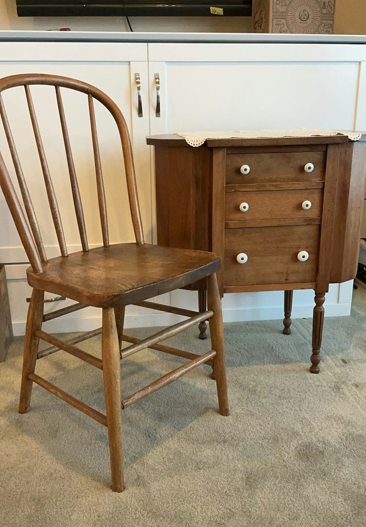 Lot 23: Vintage Martha Washington Sewing Cabinet, Wooden Chair