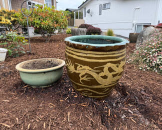 Lot 123: Vintage Asian Dragon Egg Pot & Sage Green Bonsai Succulent Bowl Set