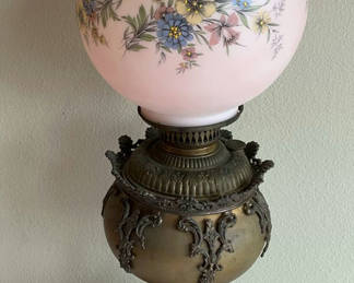 Lot 63: Antique Globed Ornate Metal and Glass Oil Lamp