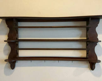 Lot 17: Vintage Wood Wall Shelf With Hanging Rods And Hooks