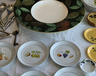 Lot 45: Fruit and Olive Themed Ceramic Dinnerware and Utensils