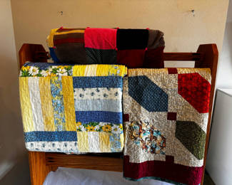 Lot 65: Mission Style Oak Quilt Stand with 3 Handmade Quilts