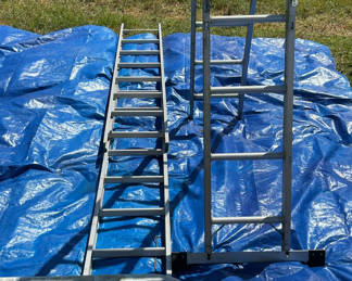 Lot 159: Aluminum Extension Ladder, Werner Adjustable Ladder And Stability Bar