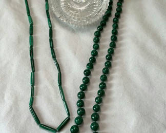 Lot 111: Glass Ring Holder And Two Malachite African Necklaces