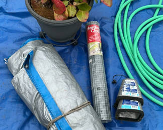 Lot 158: Hose, Garden Fencing, Two Large Tarps And Plant With Pot