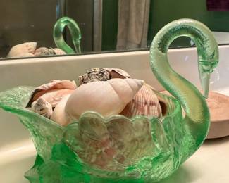 Green Glass Swan Dish