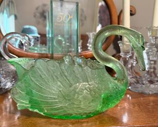 Vintage Green Glass Swan Dish