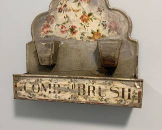 Vintage tin wall comb and brush holder