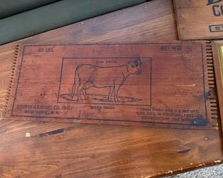 antique wooden shipping crate for "Cow Brand" baking soda from the Church & Dwight Co., Inc. in New York.