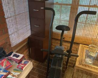 Exercise bike, and a filing cabinet