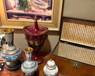Cloisonne vases and urns and vintage tea box