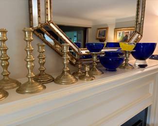 Brass candle holders and Blue glass crystal bowlsm and costa boda votive holders