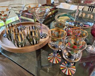 MacKenzie-Childs wine, swirl martini, and stemless wine glasses