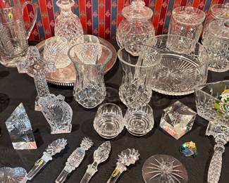 Waterford decanters, hurricane holders, biscotti jars, bowls, stoppers, gavel and more!