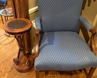 Drexel armchair and golf-pedestal side table with leather top