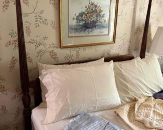 Queen 4-poster bed by Drexel and mattress set, down pillows and new pajamas, cashmere scarves and more