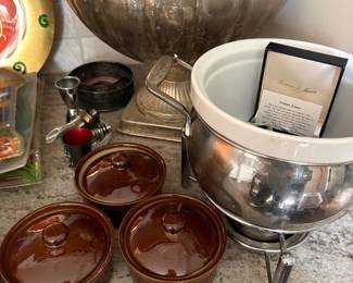Beverage tureen, All-Clad fondue pot and ramekins