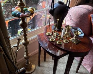 Nesting oval side table, tall brass floor pillar candle holder, brass candle holers, metal vase and marble eggs