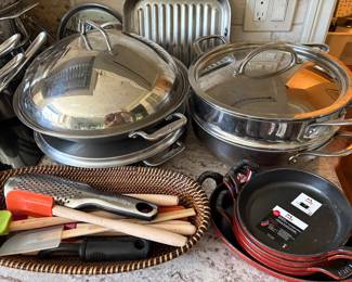 All-Clad Wok and large saute pans, Staub cast iron - NEW, and silicone spatulas