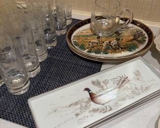 Grosuch "stag" highball glasses - 23 available, shown with Pheasant serving plates and platters
