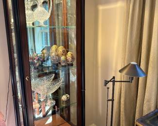 Etegere case with glass shelves - lit, and bronze floor lamp - matched set of 2 available