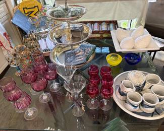 Pewter tiered serving tray, Raspberry glass and MacKenzie-Childs glasses, Ceramic set