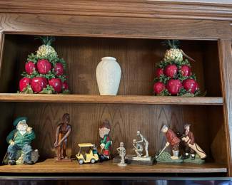 Williamsburg pineapple and apple trees, golfing statues and Lenox vase