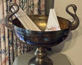 XL VTG Brass Pedestal Bowl with Swan Handles