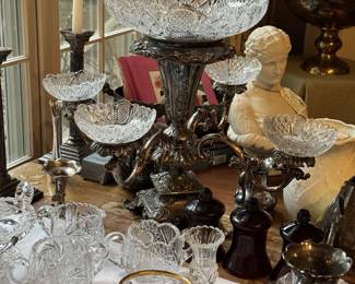 Stunning Silver-plated Epergne w/ Crystal Cut Glass Bowls