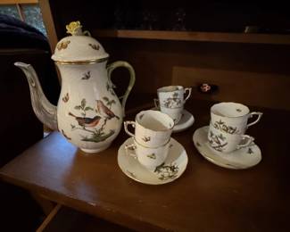 Herend Rothschild Bird China Teapot, 6 Demitasse Cups, 3 saucers