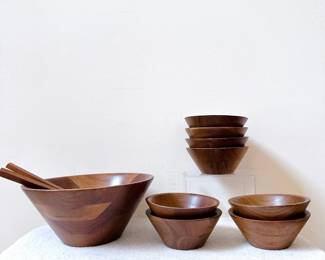 vintage mcm american walnut wooden salad bowl set