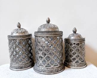 VTG Bubble Glass Silver Tone Brass Caged Apothecary Jar Lidded 