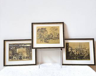 Set of Vintage Framed Gold Foil Etching Art Prints by Lionel Barrymore