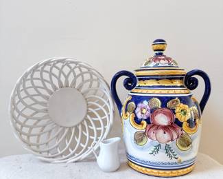 talavera style pottery canister, white ceramic basket open weave lattice