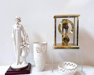 benchmark mantel clock gold plated brass case, Florence Giuseppe Armani Figurine 1983 Lady with Flower Urn Vase Art Deco Bisque, Vintage Lenox Vase - Westbury Collection Ivory with Gold & Flower CutoutsVintage Lenox Vase - Westbury Collection Ivory with Gold & Flower Cutouts, Vintage Lenox Fine China Small Heart Bowl Rose Embossed In Center