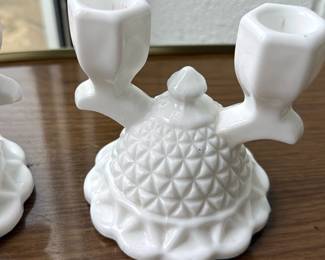 White Milk Glass Double Candle Holders