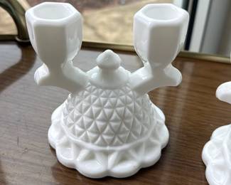 White Milk Glass Double Candle Holders