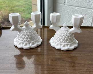 White Milk Glass Double Candle Holders