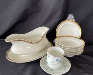 JG Meakin Gravy Boat Limoges Gold Rimmed Dish Floral Teacup  Saucer With Gold Rimmed Bowls