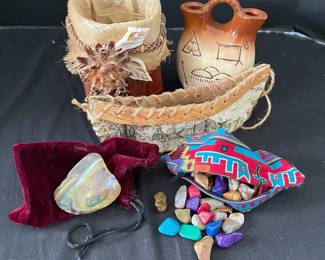 Collection Of Trinkets Including A Tumbled Gemstone Palm Bark Basket  Colored Rocks  More